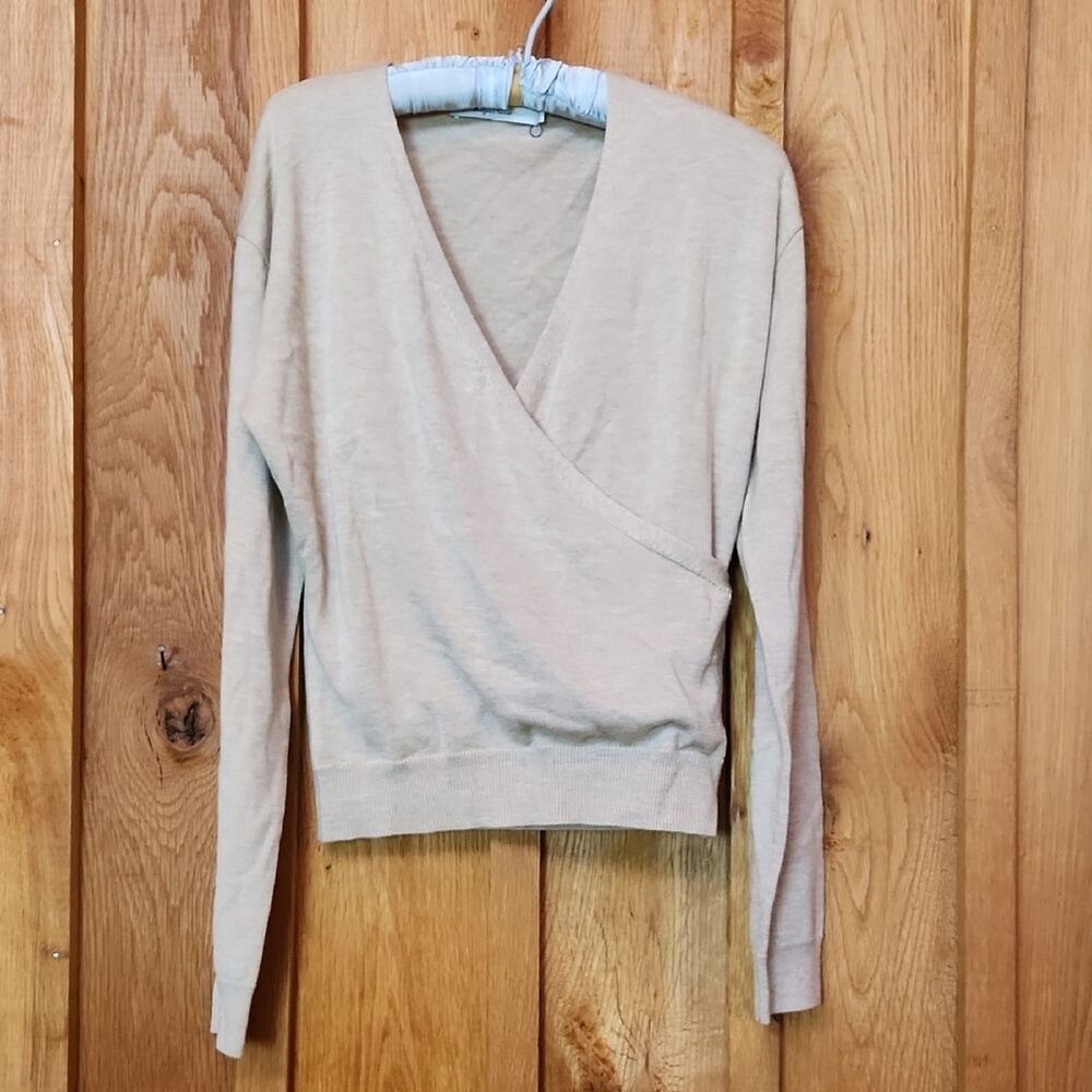 NEW Harper Lane 100% Wool V-Neck Faux Wrap Knit Sweater, Large, Beige